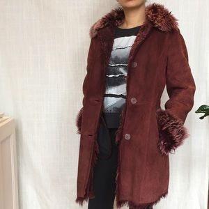 Vintage leather real fur shearling burgundy coat